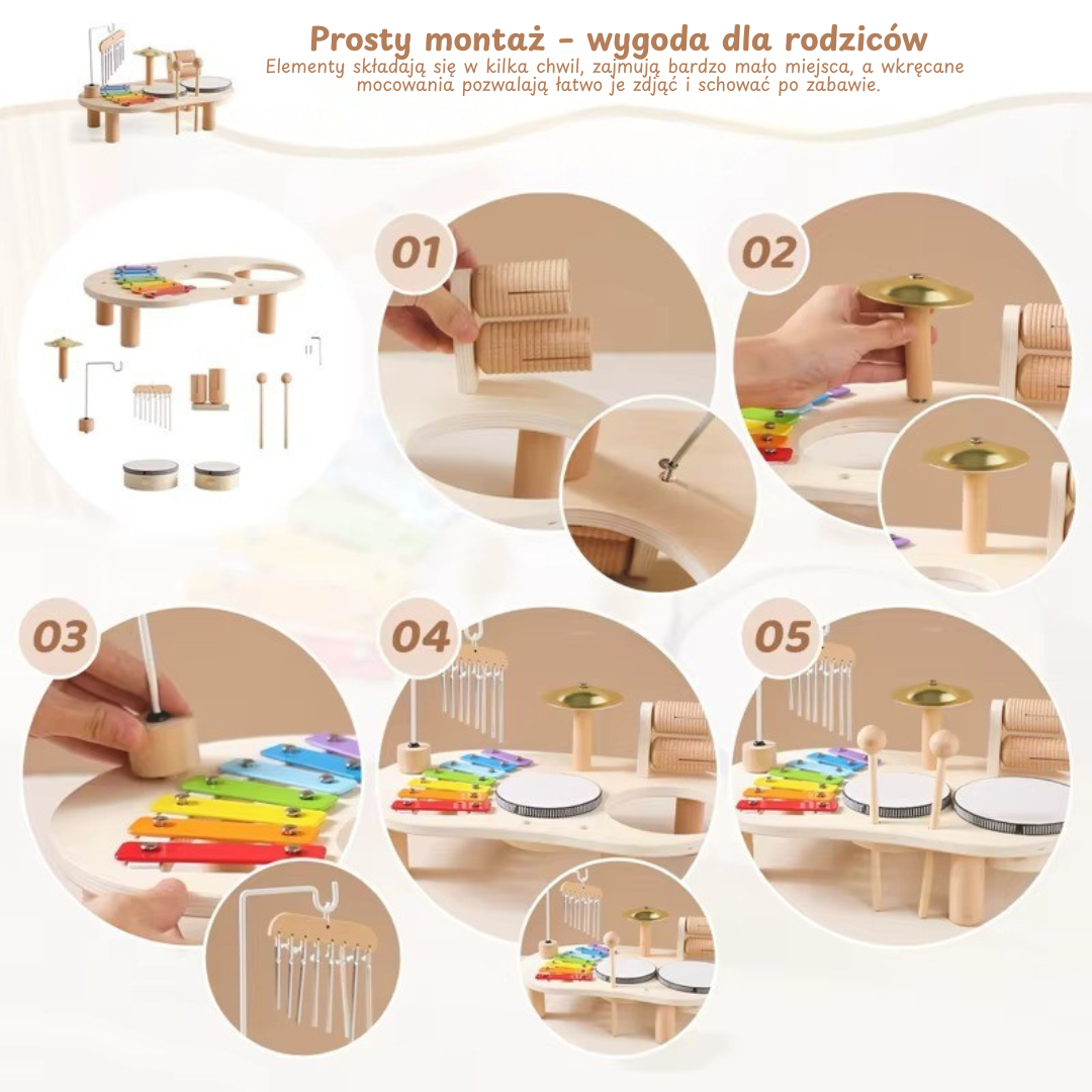 Muzyczny zestaw Montessori – drewniane instrumenty edukacyjne 7w1
