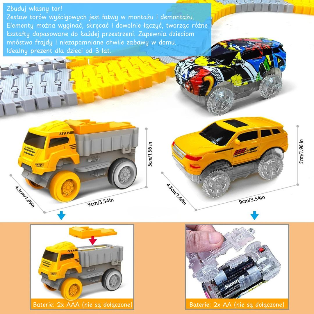 Kreatywny tor samochodowy dla dzieci – autka LED, pętle 360°